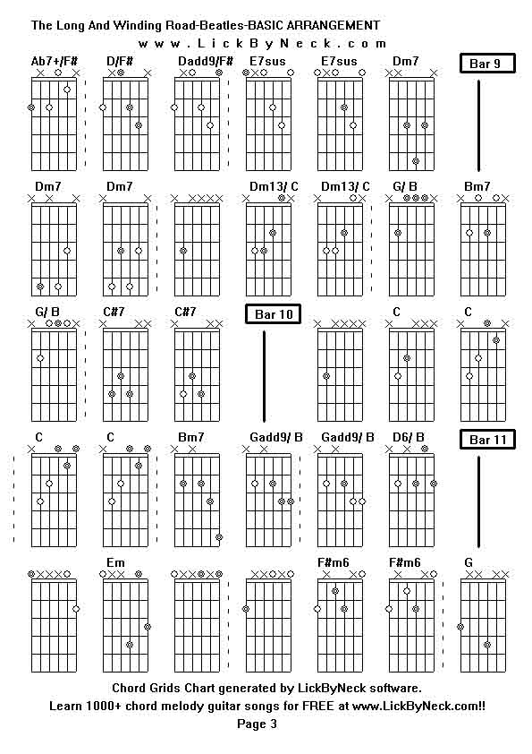 Chord Grids Chart of chord melody fingerstyle guitar song-The Long And Winding Road-Beatles-BASIC ARRANGEMENT,generated by LickByNeck software.